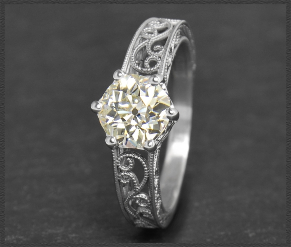 Jugndstil Design Ring, 1,30ct Altschliff Brillant, 585 Gold